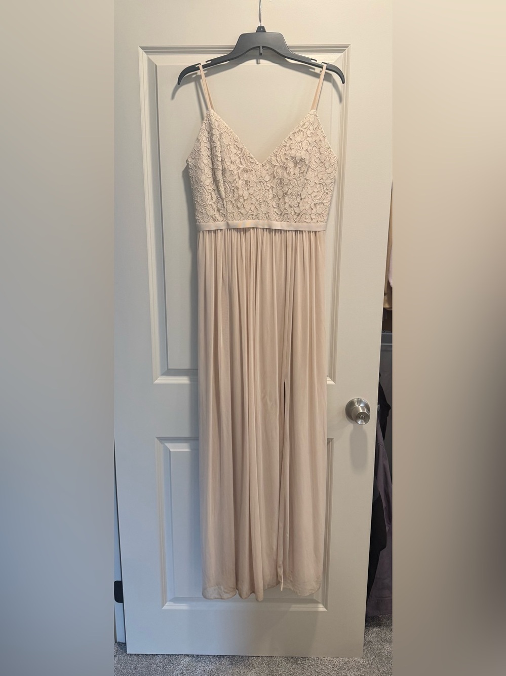 David's Bridal Lace Bodice Spaghetti Strap Dress in champagne